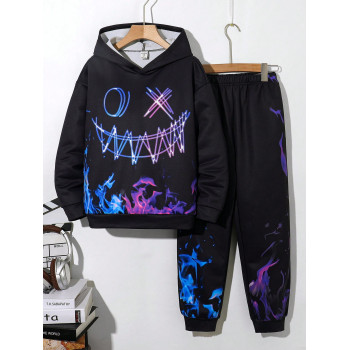 2 pièces/Set Ensemble sweat-shirt à capuche et pantalon de jogging phosphorescent streetwear pour pré-adolescent, convient pour casual, déplacement, école, sport, automne/hiver - 39945805