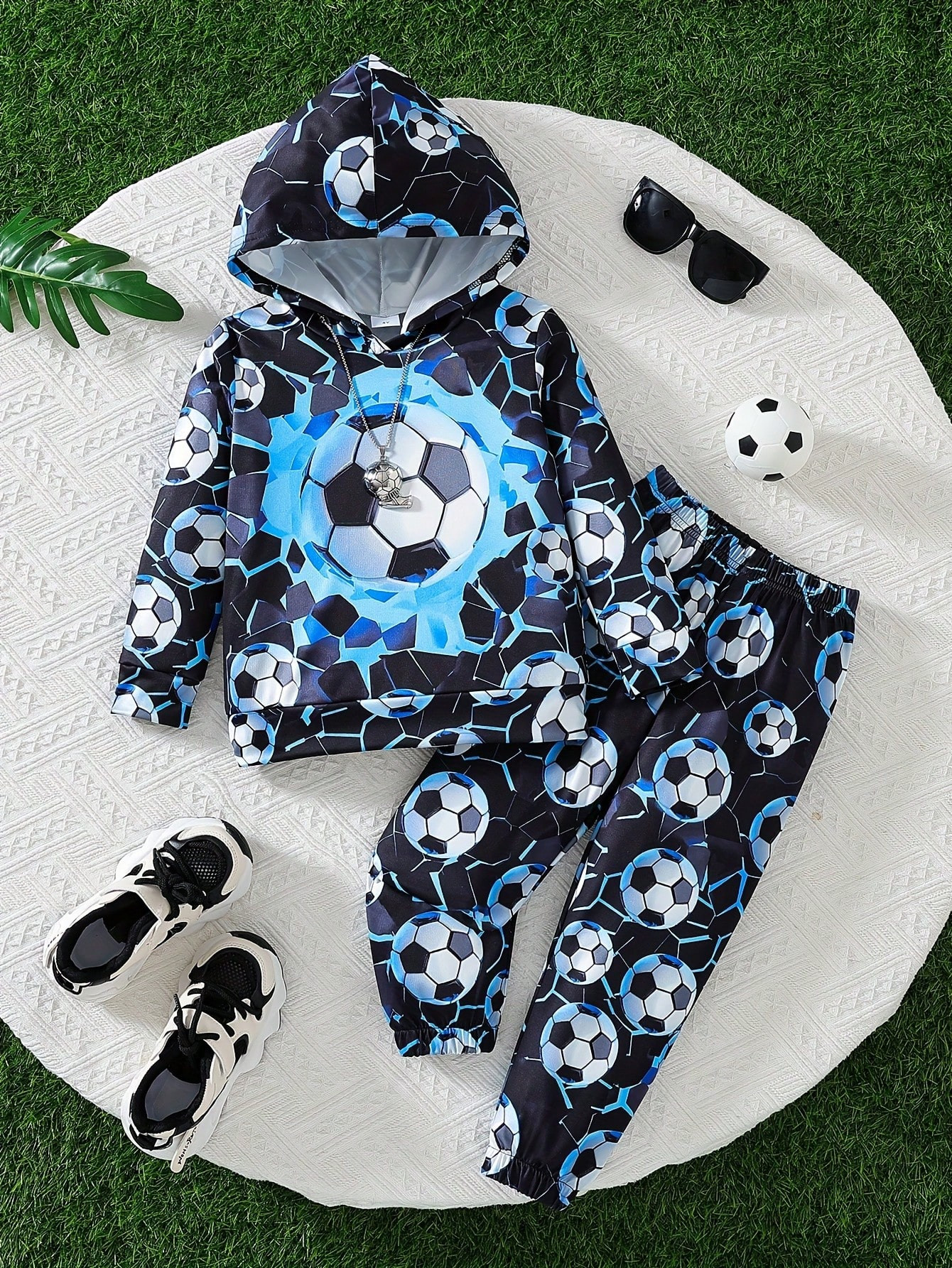 Ensemble sweat-shirt à capuche et pantalon pour enfants, imprimé de Football en 3D, 2 pièces, pour garçons, été - 39318473