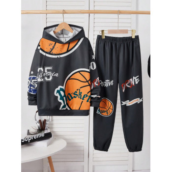 SHEIN 2 pièces Ensemble sweat-shirt ample et pantalon de survêtement avec motif ballon de sport pour garçon préadolescent, pour un port casual en automne/hiver - 39116752