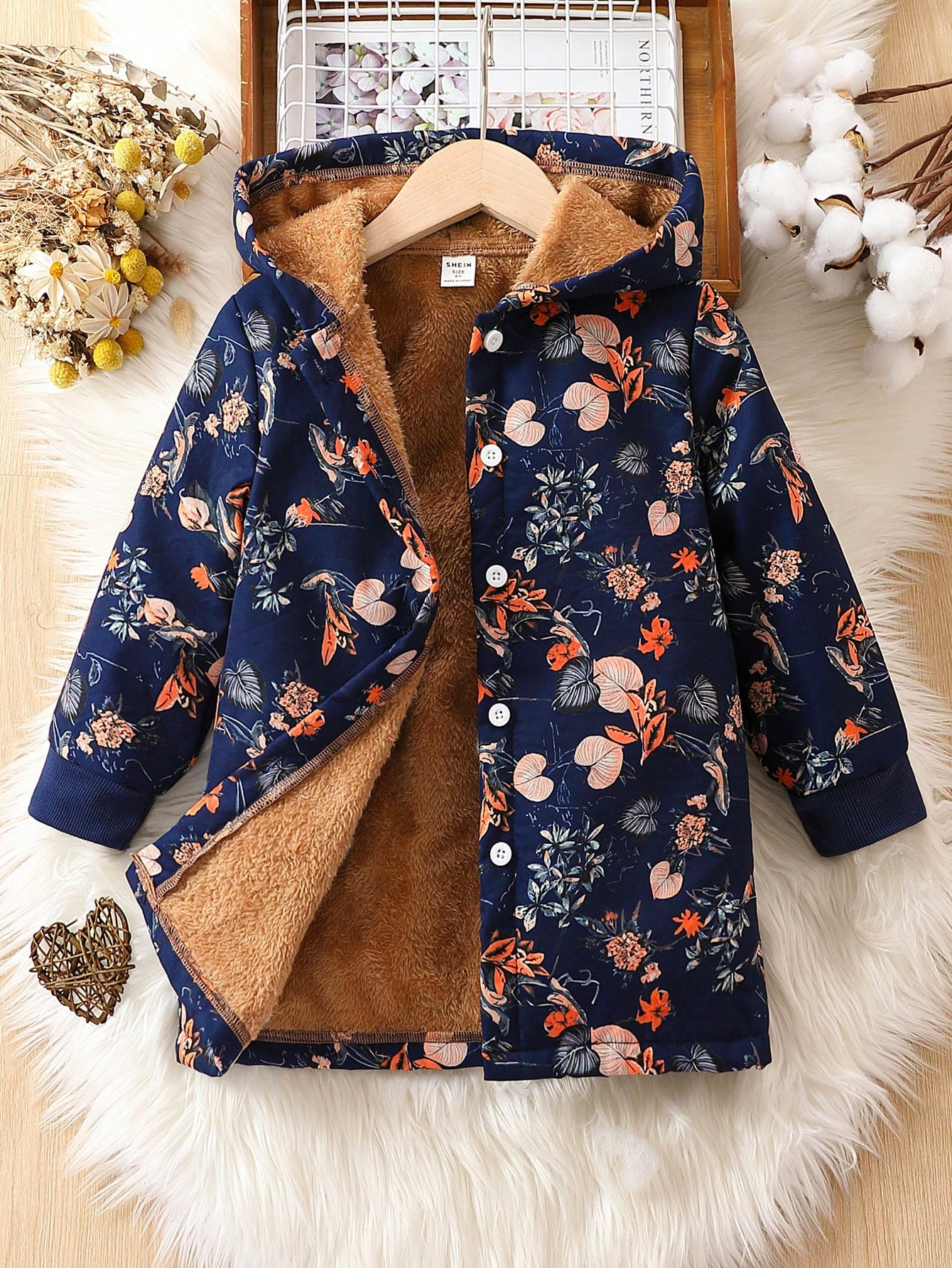 SHEIN Jeune Fille Manteau À Capuche Imprimé Floral À Doublure Thermique - 21909146