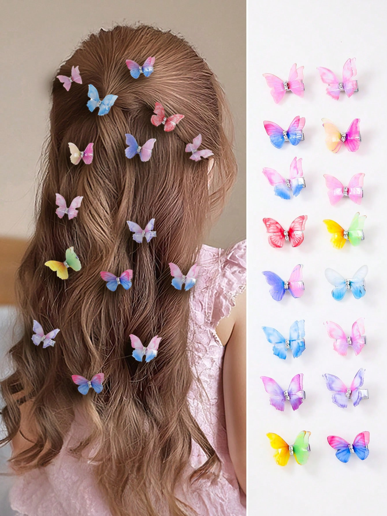 20 pièces Ailes en maille double couche en couleur aléatoire pour filles, mini clips de cheveux de princesse papillon dégradé, convient pour un usage quotidien - 37674240