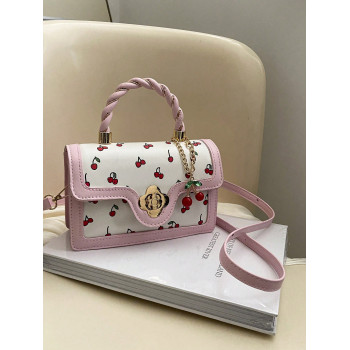 Sac fourre-tout carré en PU élégant pour dames, sac à bandoulière mignon à imprimé cerise, parfait pour les courses et les rendez-vous, sac à bandoulière pour filles - 36398181