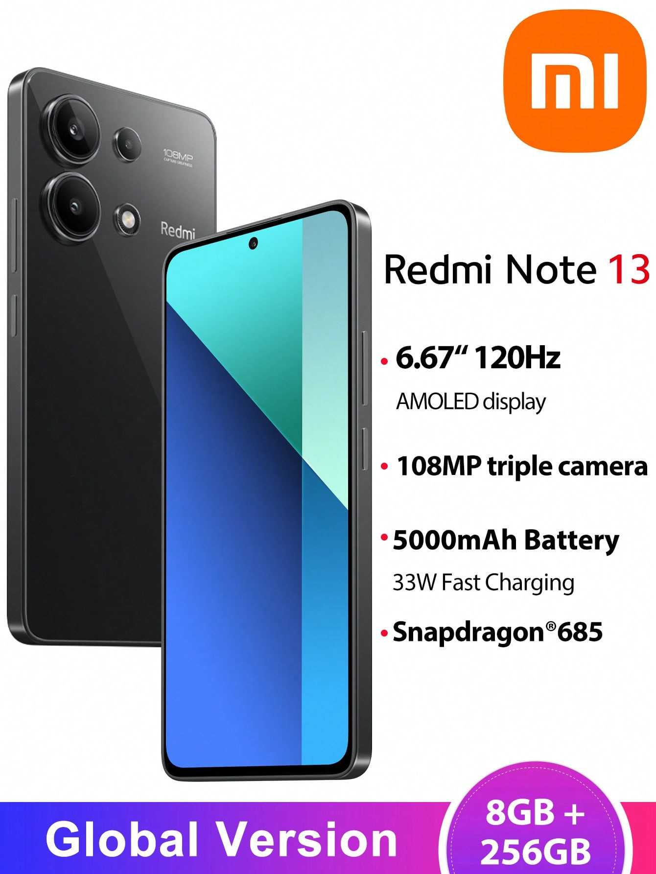 Xiaomi Smartphone Mi Redmi Note 13 4G 8 Go + 256 Go Version mondiale, processeur octa-core Snapdragon 685, triple caméra 108 MP, écran AMOLED 6,67", charge 33W, batterie 5000 mAh - 32142397