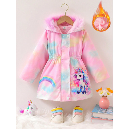 SHEIN Genkimix Kids Veste d'hiver rembourrée à capuche pour fille, décontractée, mignonne, imprimé licorne arc-en-ciel, coupe ample, chaude, doublée en polaire - 39521308