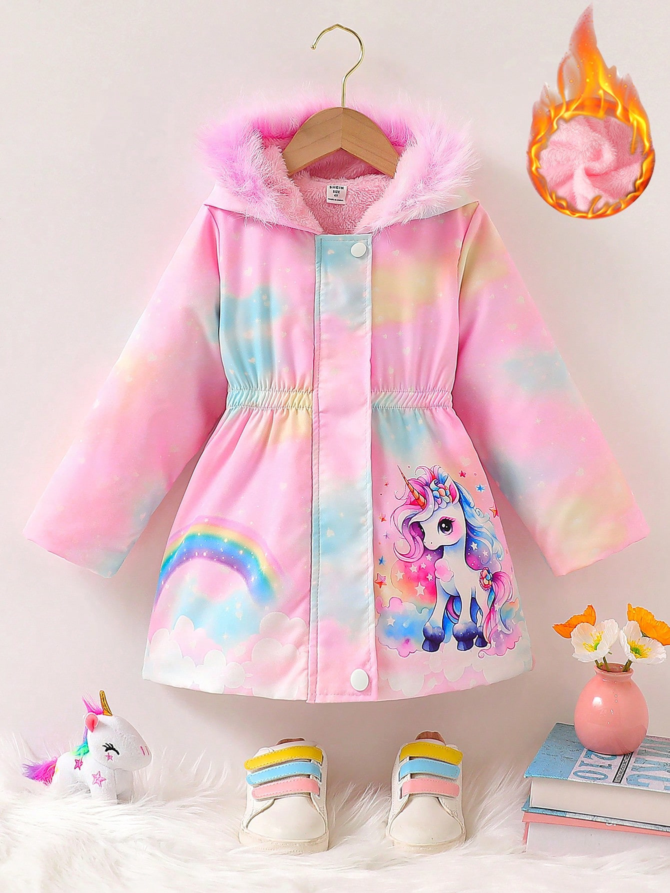 SHEIN Genkimix Kids Veste d'hiver rembourrée à capuche pour fille, décontractée, mignonne, imprimé licorne arc-en-ciel, coupe ample, chaude, doublée en polaire - 39521308