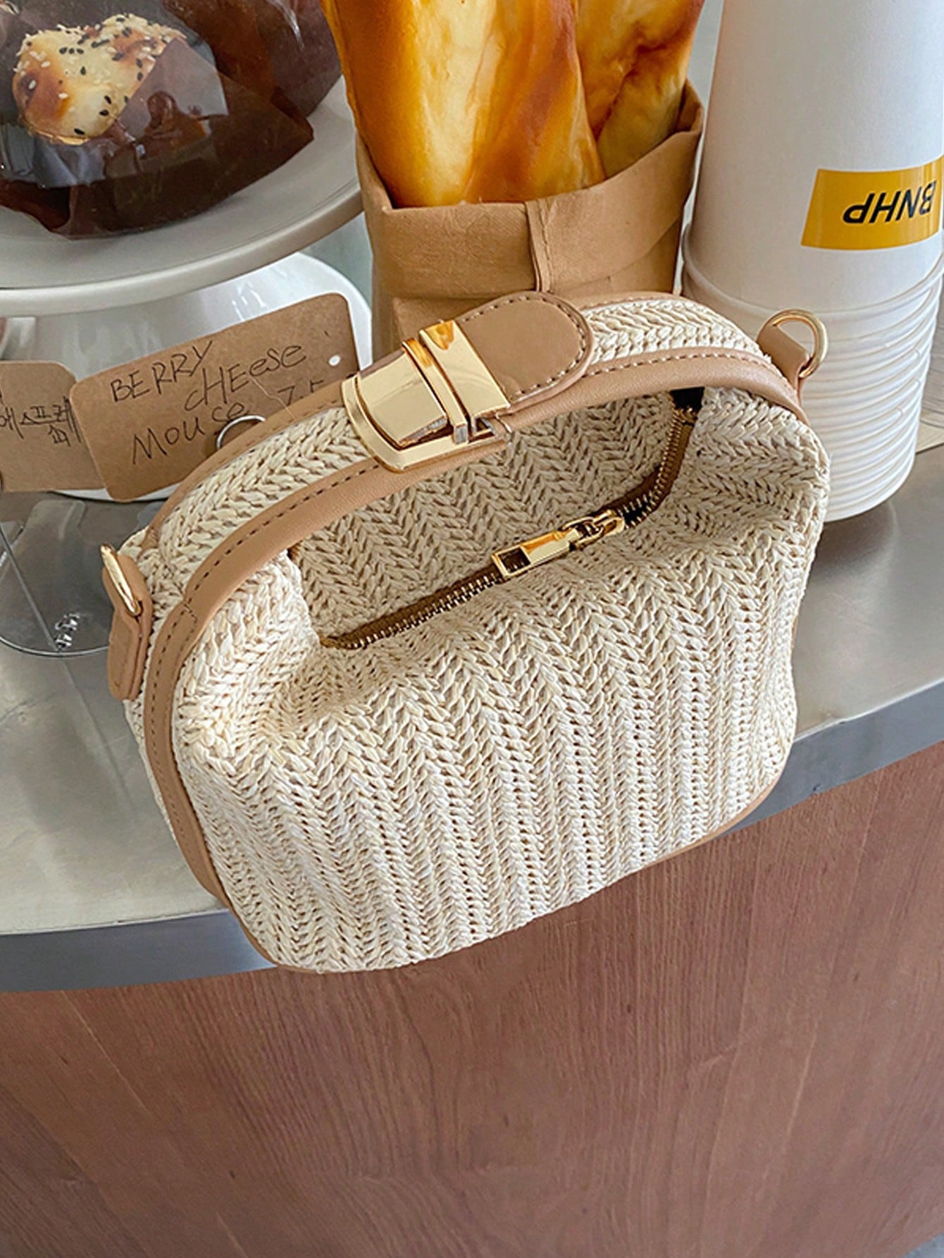 Sac en paille mini minimaliste avec poignée zippé - 15967196