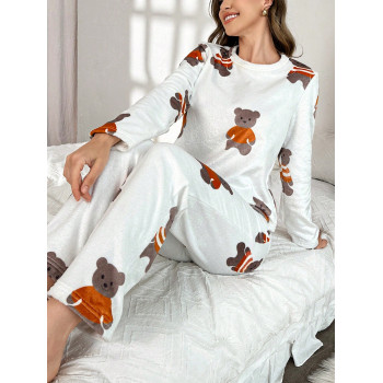 Ensemble de pyjama en peluche pour couples avec motif d'ours mignon, haut à manches longues et pantalon pour femmes - 40225458