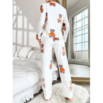 Ensemble de pyjama en peluche pour couples avec motif d'ours mignon, haut à manches longues et pantalon pour femmes - 40225458