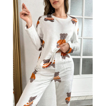 Ensemble de pyjama en peluche pour couples avec motif d'ours mignon, haut à manches longues et pantalon pour femmes - 40225458