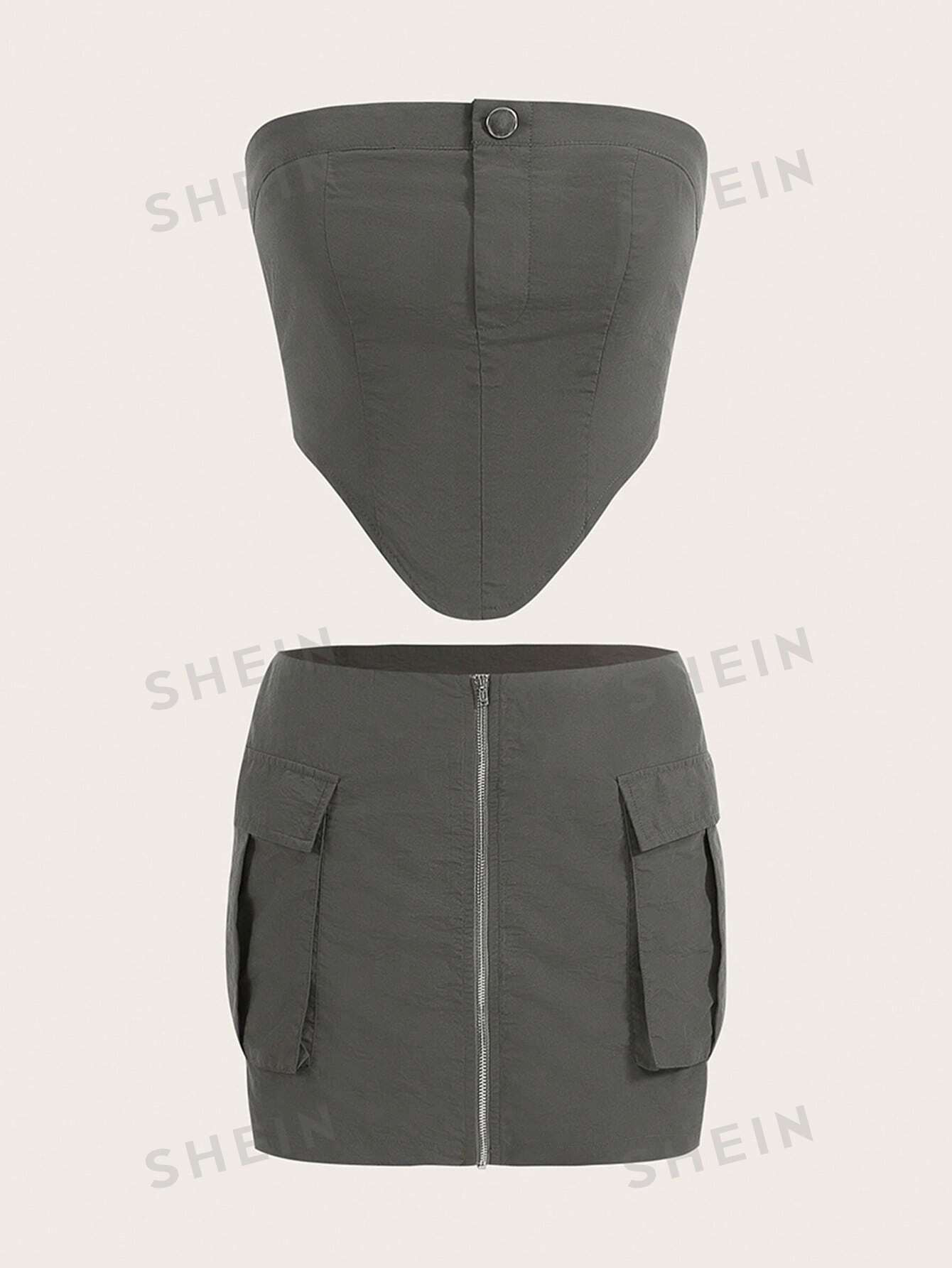 SHEIN EZwear Ensemble Haut Moulant Sans Bretelles Pour Femmes, Avec Ourlet Incurvé Et Jupe À Poche Utilitaire, Idéal Pour Les Tenues Printemps/été - 27295041