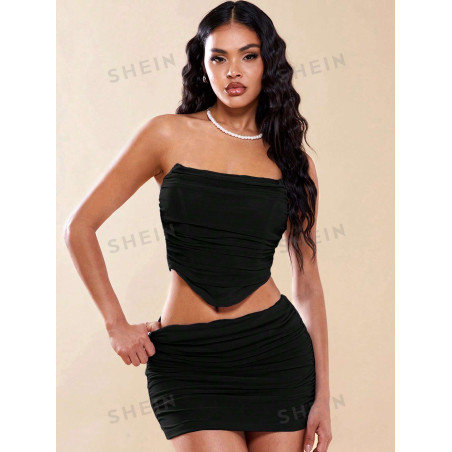 SHEIN BAE À Ruché En Tulle Top Bandeau & Jupe Moulante - 21179018