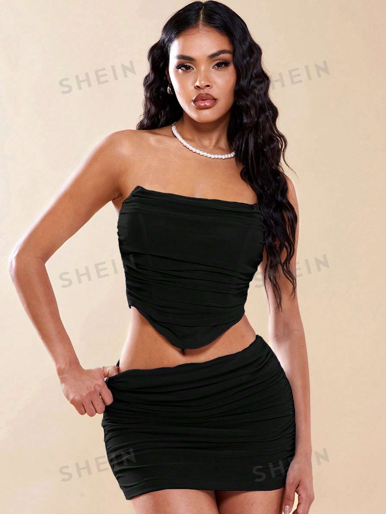 SHEIN BAE À Ruché En Tulle Top Bandeau & Jupe Moulante - 21179018