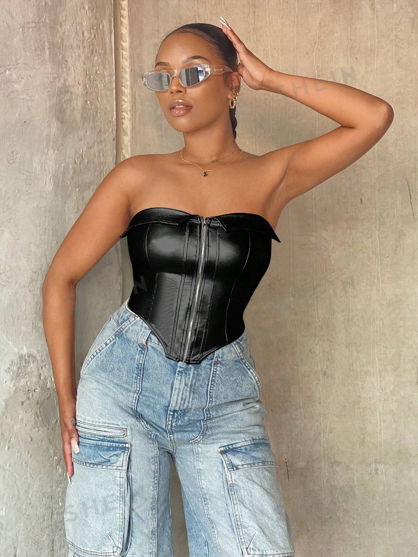 SHEIN SXY Haut Plissé Avec Buste Plissé En Ourlet Asymétrique Zippé - 31032073