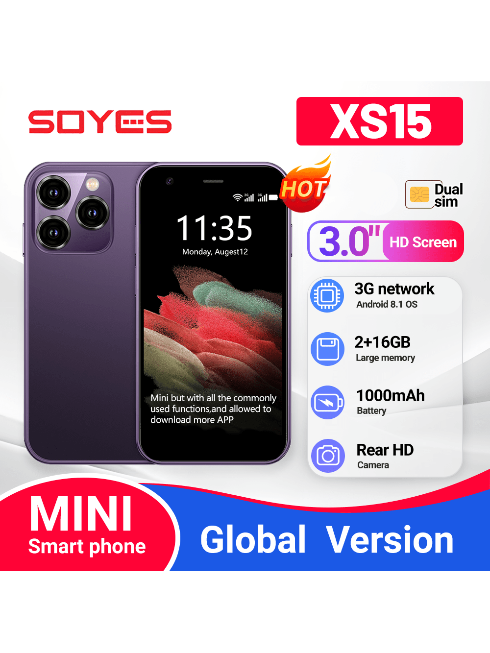 Soyes Téléphone portable miniature SOYES XS15 Android 8.1, écran 3,0 pouces, 2 Go de RAM, 16 Go de ROM, double SIM,  Play Store, 3G - 40881637