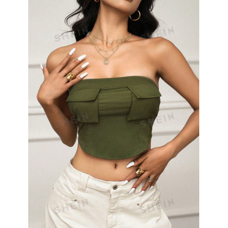 SHEIN EZwear Top Bandeau Court Poche À Rabat - 21941458