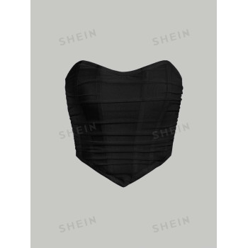 SHEIN x Marika Sila SHEIN MOD Haut Noir Tube Bandeau Bodycon Froncé Solide - 11511563