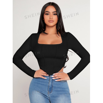 SHEIN PETITE T-shirt Noir Pour Femmes Crop À Ourlet Asymétrique À Col Carré - 11676279