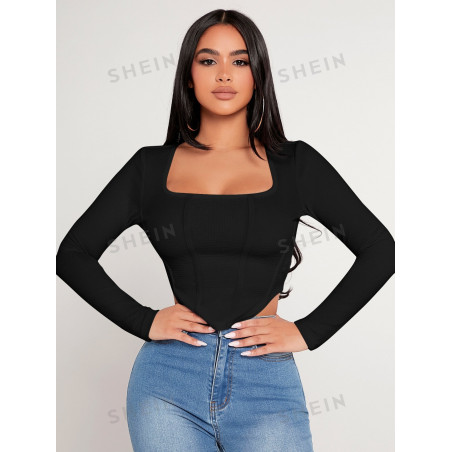 SHEIN PETITE T-shirt Noir Pour Femmes Crop À Ourlet Asymétrique À Col Carré - 11676279