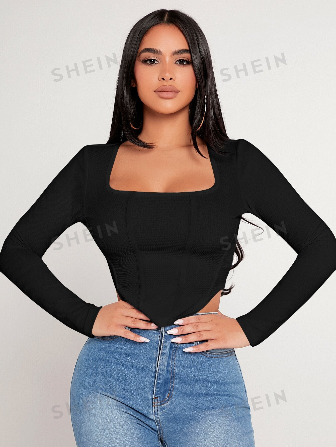 SHEIN PETITE T-shirt Noir Pour Femmes Crop À Ourlet Asymétrique À Col Carré - 11676279