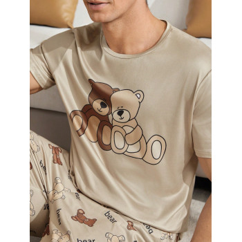 Shein CoupledUp Ensemble Pyjama 2 Pièces Pour Homme, T-shirt Imprimé Lettre Et Ours Dessin Animé Avec Short - 31663957