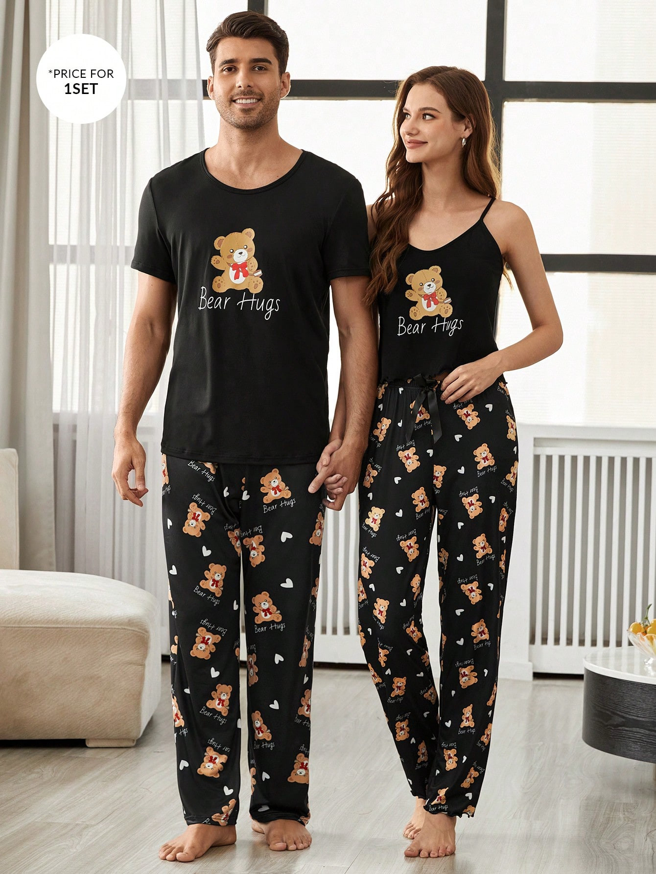 Ensemble pyjama homme col rond, manches courtes, avec imprimé ours sur toute la surface - 38738834