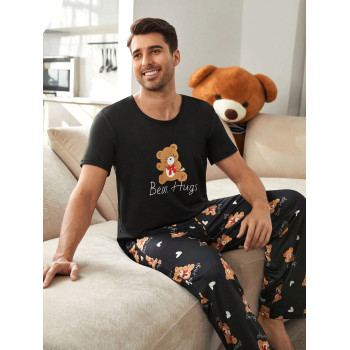 Ensemble pyjama homme col rond, manches courtes, avec imprimé ours sur toute la surface - 38738834