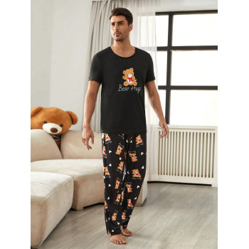 Ensemble pyjama homme col rond, manches courtes, avec imprimé ours sur toute la surface - 38738834