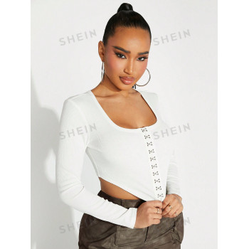 SHEIN SXY T-shirt Court Pour Femmes Avec Devant En Dentelle Crochet - 28432355