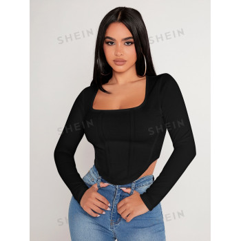 SHEIN PETITE T-shirt Noir Pour Femmes Crop À Ourlet Asymétrique À Col Carré - 11676279