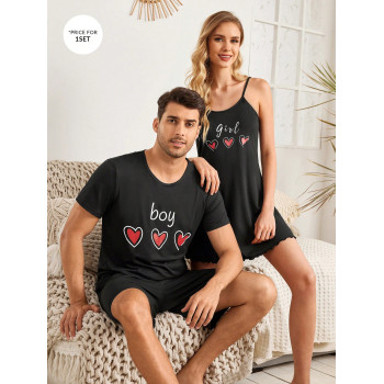 Shein CoupledUp Ensemble de pyjama d'été pour hommes à imprimé cœur en col rond à manches courtes et shorts - 34466203