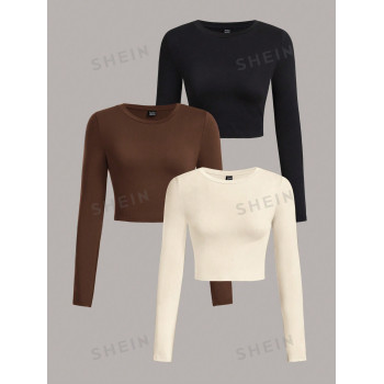 SHEIN EZwear 3 pièces/set T-shirts courts ajustés à manches longues et col rond simples et décontractés pour femmes, convenant pour le printemps et l'automne - 29044264