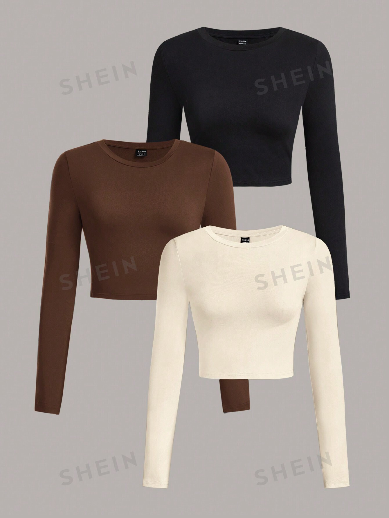 SHEIN EZwear 3 pièces/set T-shirts courts ajustés à manches longues et col rond simples et décontractés pour femmes, convenant pour le printemps et l'automne - 29044264