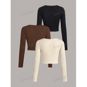 SHEIN EZwear 3 pièces/set T-shirts courts ajustés à manches longues et col rond simples et décontractés pour femmes, convenant pour le printemps et l'automne - 29044264