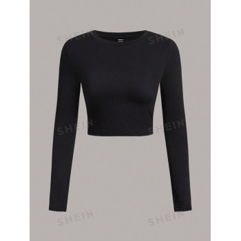 SHEIN EZwear 3 pièces/set T-shirts courts ajustés à manches longues et col rond simples et décontractés pour femmes, convenant pour le printemps et l'automne - 29044264