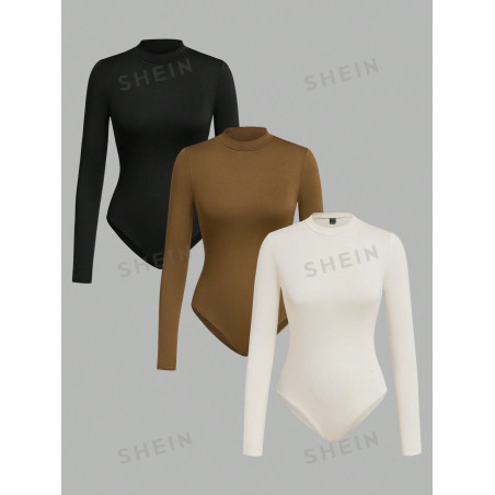 SHEIN EZwear 3 pièces Bodys à manches longues et col montant pour femmes, noir/blanc/marron, printemps automne - 42031319