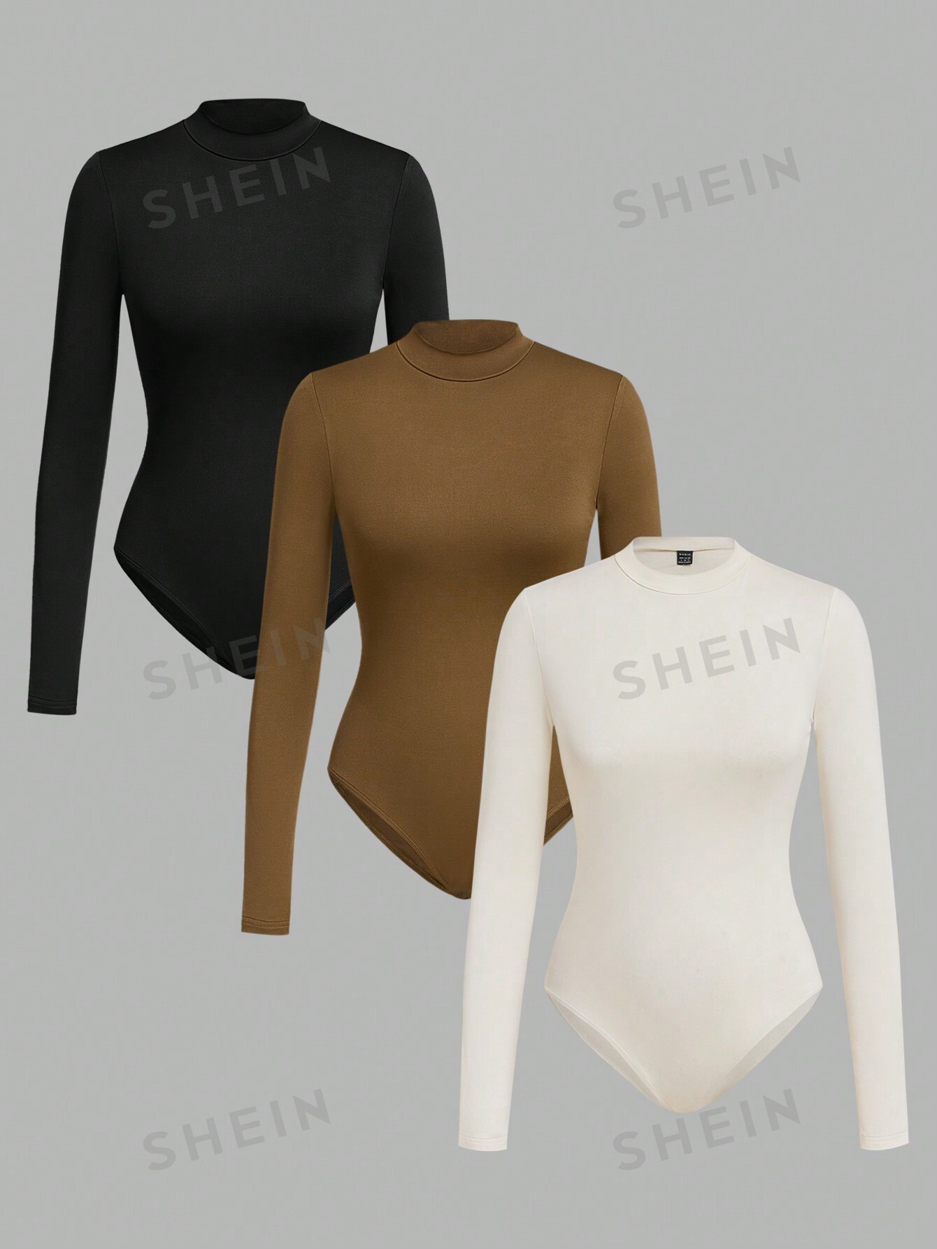 SHEIN EZwear 3 pièces Bodys à manches longues et col montant pour femmes, noir/blanc/marron, printemps automne - 42031319