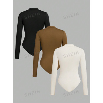 SHEIN EZwear 3 pièces Bodys à manches longues et col montant pour femmes, noir/blanc/marron, printemps automne - 42031319