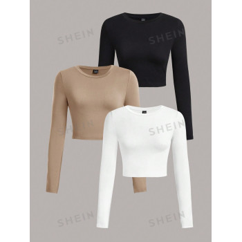 SHEIN EZwear 3 pièces T-shirt ajusté à manches longues et col rond décontracté de couleur unie pour femmes, convient pour le printemps et l'automne - 29026247