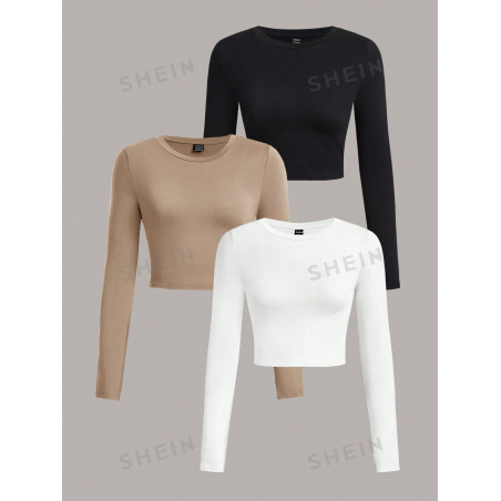 SHEIN EZwear 3 pièces T-shirt ajusté à manches longues et col rond décontracté de couleur unie pour femmes, convient pour le printemps et l'automne - 29026247