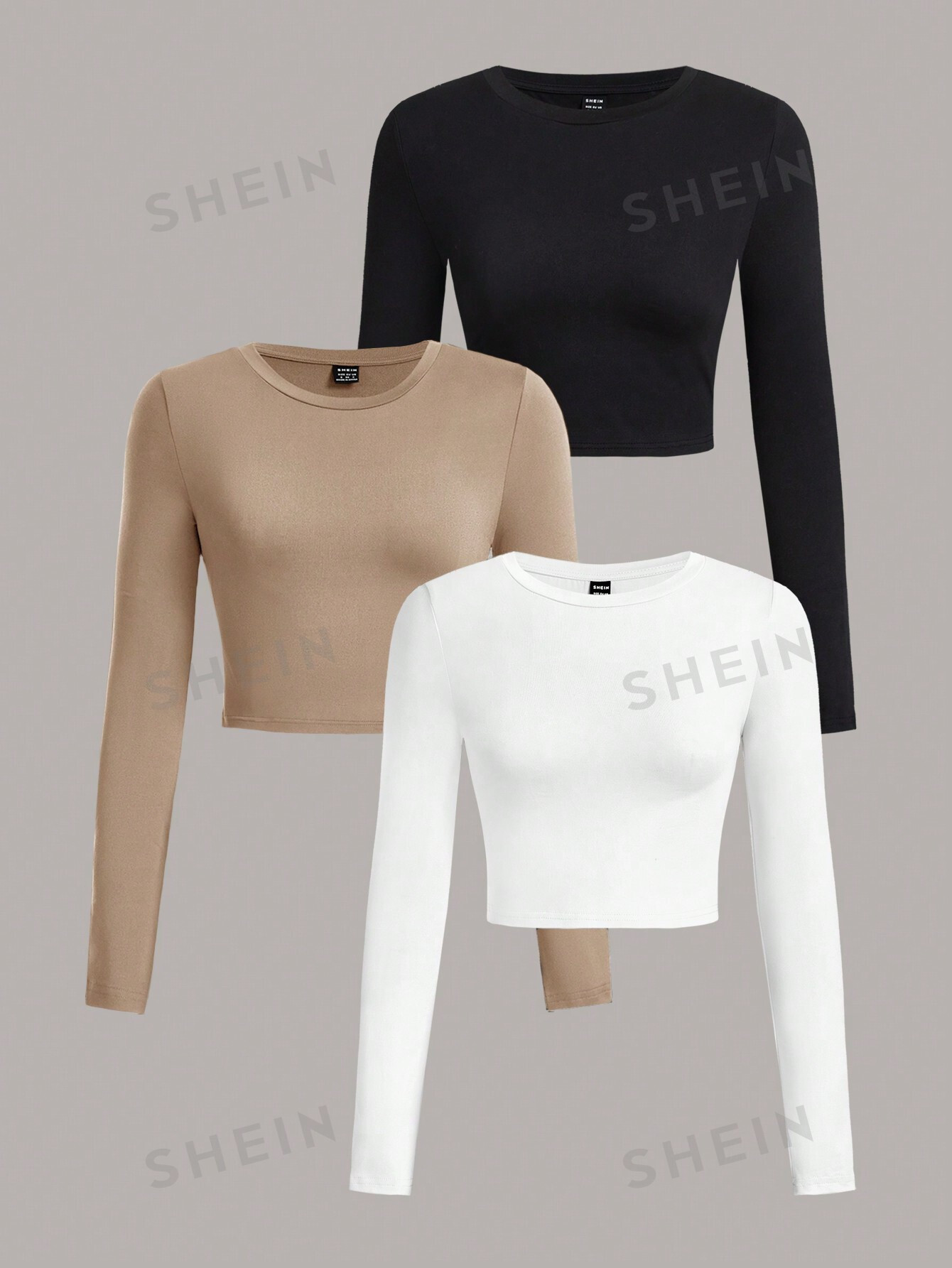 SHEIN EZwear 3 pièces T-shirt ajusté à manches longues et col rond décontracté de couleur unie pour femmes, convient pour le printemps et l'automne - 29026247