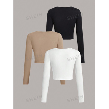 SHEIN EZwear 3 pièces T-shirt ajusté à manches longues et col rond décontracté de couleur unie pour femmes, convient pour le printemps et l'automne - 29026247