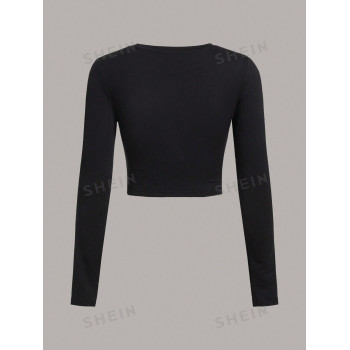 SHEIN EZwear 3 pièces T-shirt ajusté à manches longues et col rond décontracté de couleur unie pour femmes, convient pour le printemps et l'automne - 29026247