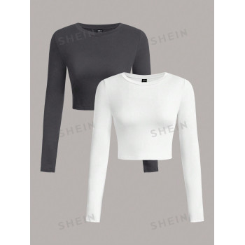 SHEIN EZwear 2 pièces Ensemble de T-shirts moulants à manches longues et col rond de couleur unie pour femmes, convient pour le printemps et l'automne - 28374551