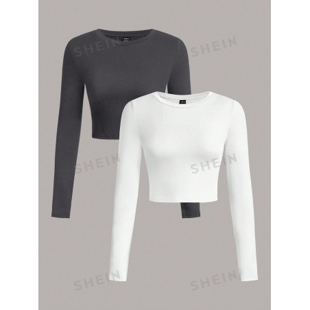 SHEIN EZwear 2 pièces Ensemble de T-shirts moulants à manches longues et col rond de couleur unie pour femmes, convient pour le printemps et l'automne - 28374551