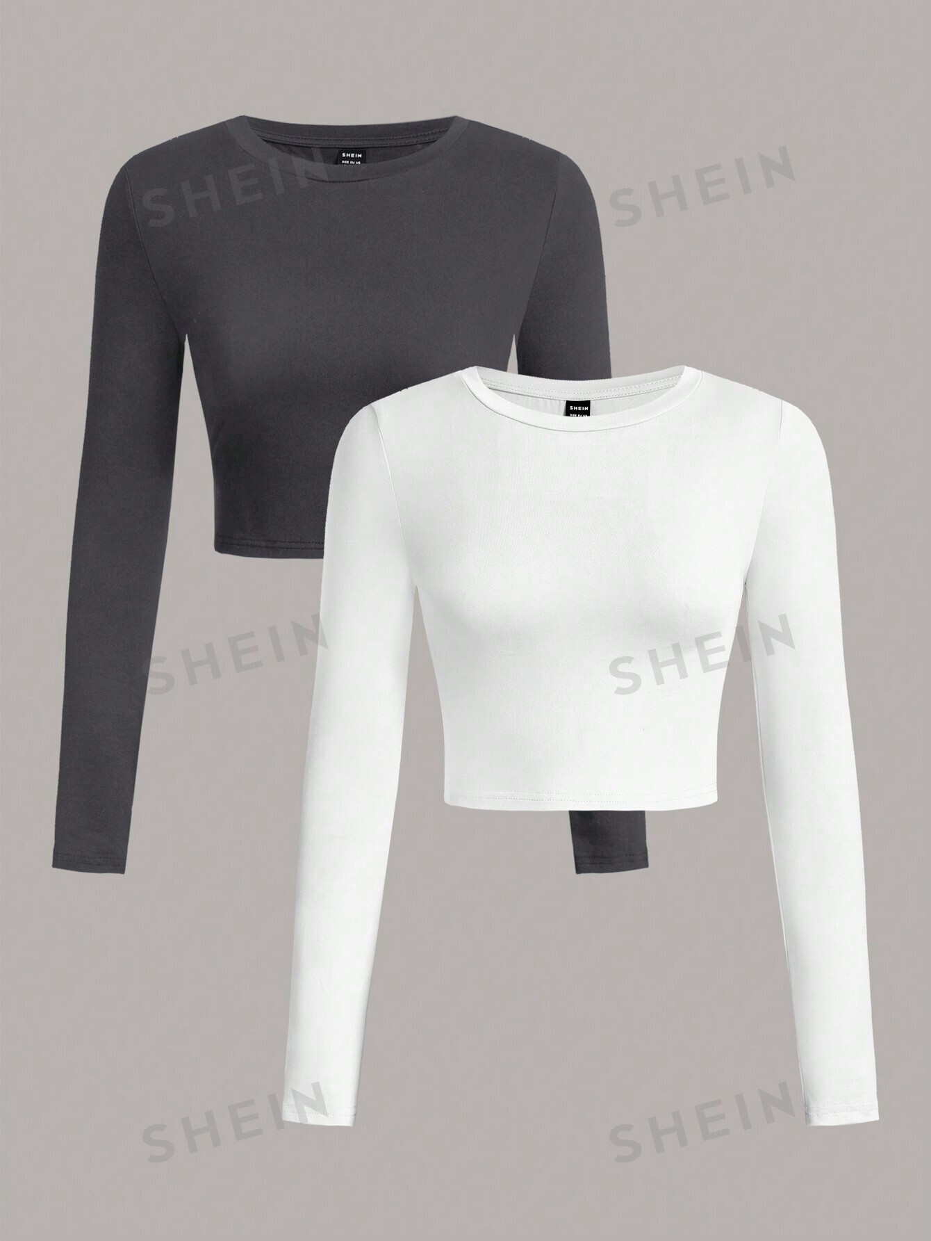 SHEIN EZwear 2 pièces Ensemble de T-shirts moulants à manches longues et col rond de couleur unie pour femmes, convient pour le printemps et l'automne - 28374551