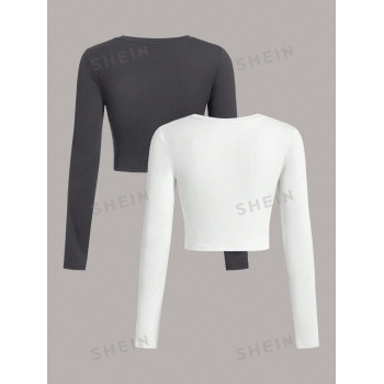 SHEIN EZwear 2 pièces Ensemble de T-shirts moulants à manches longues et col rond de couleur unie pour femmes, convient pour le printemps et l'automne - 28374551