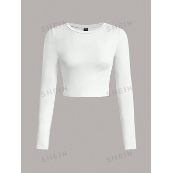 SHEIN EZwear 2 pièces Ensemble de T-shirts moulants à manches longues et col rond de couleur unie pour femmes, convient pour le printemps et l'automne - 28374551