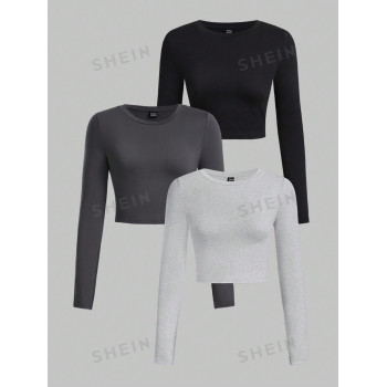 SHEIN EZwear 3 pièces/Set T-shirts moulants à manches longues et col rond de couleur unie pour femmes, printemps et automne - 29411062