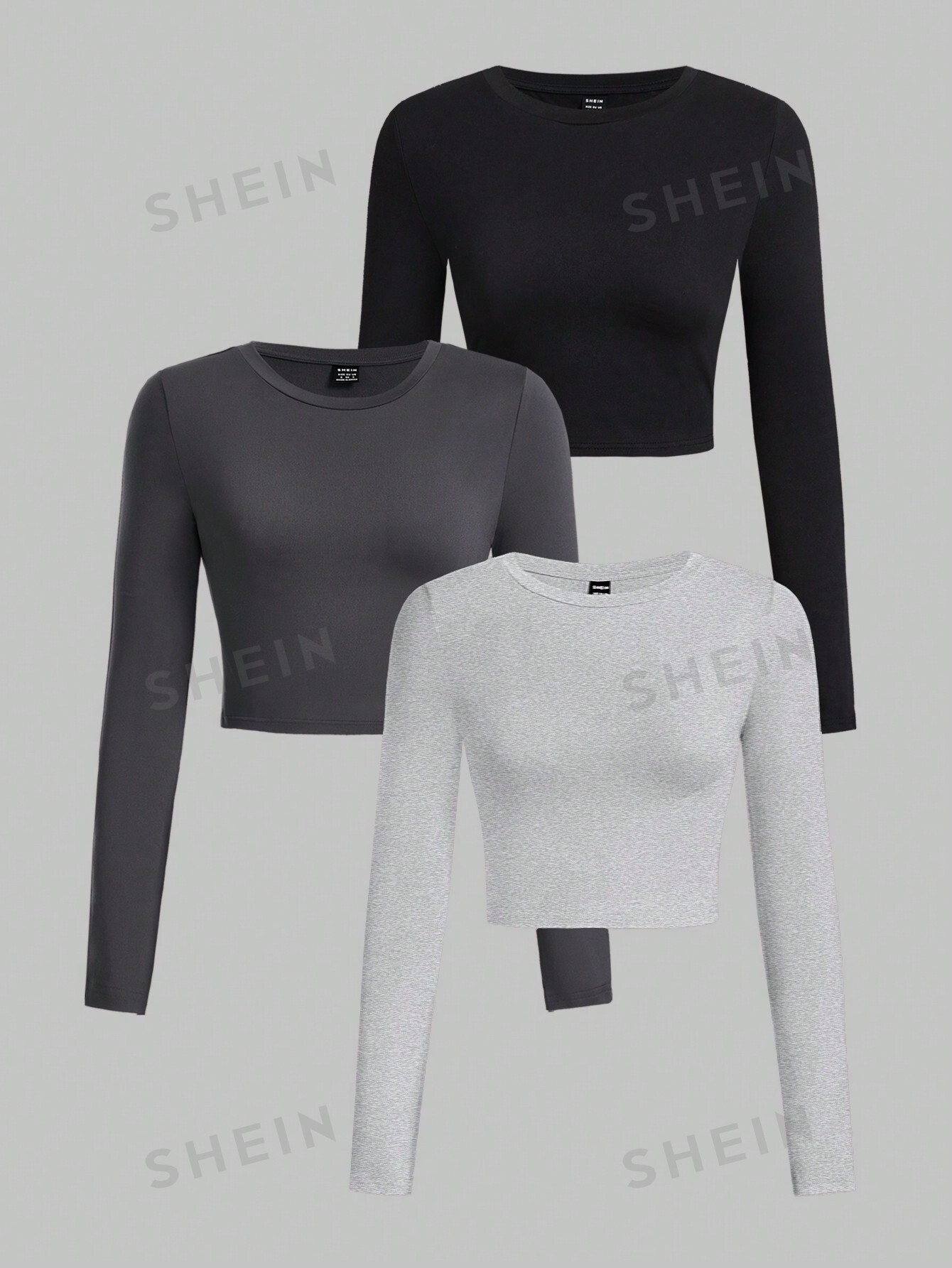 SHEIN EZwear 3 pièces/Set T-shirts moulants à manches longues et col rond de couleur unie pour femmes, printemps et automne - 29411062