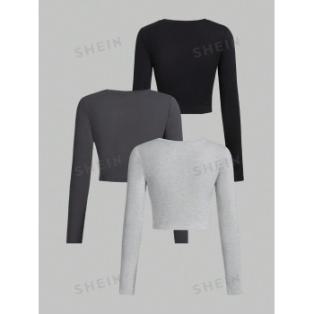 SHEIN EZwear 3 pièces/Set T-shirts moulants à manches longues et col rond de couleur unie pour femmes, printemps et automne - 29411062